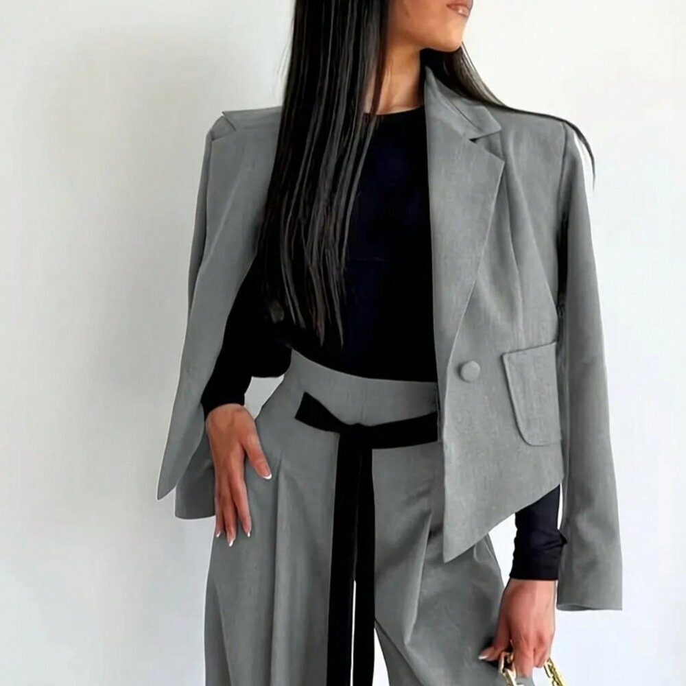 Grey Elegant Women's Blazer Jacket & Wide Leg Pants 2-Piece Set - Picture 5 of 5